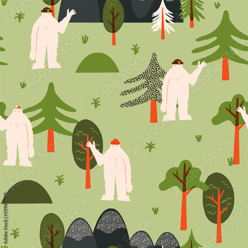 Cute waving Yeti vector seamless pattern. Various Yeti characters - ranger, girl, in a beanie in the woods, mountains.