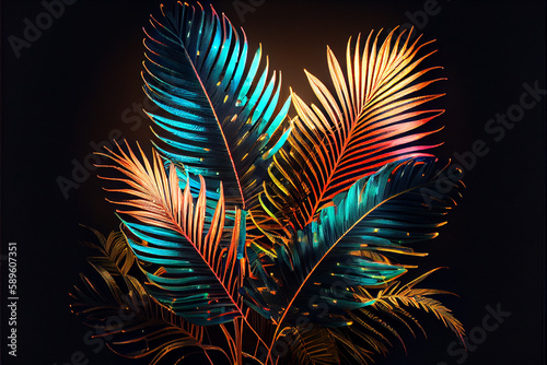 Multicolored tropical branches on a dark background. The leaves are illuminated with colorful neon.