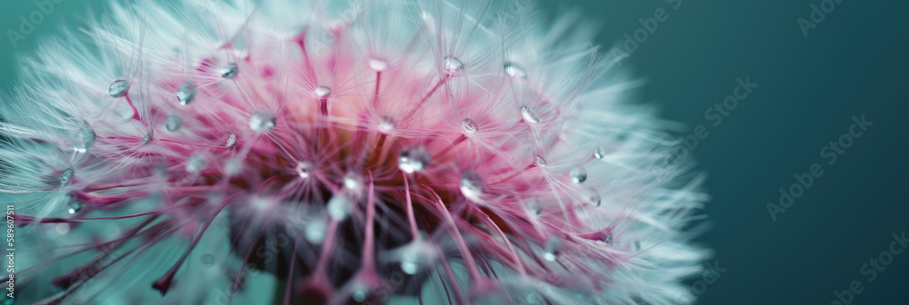 Fototapeta premium Illustration, Makro, Kopf einer Löwenzahnblüte mit Tautropfen auf hellblauem und rosafarbenem Hintergrund, Generative AI