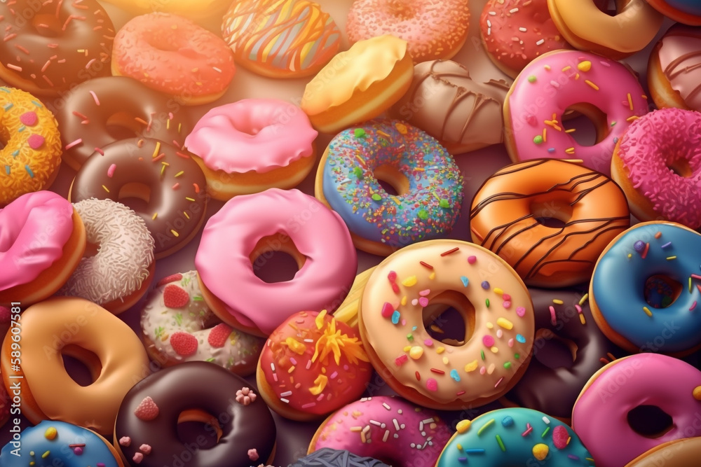 Food and cuisine concept. Various donuts with colorful sweet icings background. Generative AI