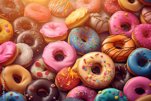 Food and cuisine concept. Various donuts with colorful sweet icings background. Generative AI