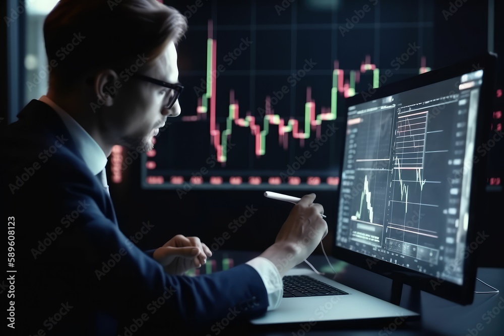 Businessman watching graph on computer. Generative AI. Businessman watching graph on computer. Generative AI.