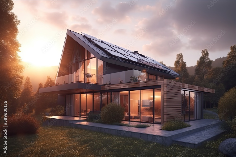 house in the sunset. Solar panels on the roof.. Generative AI