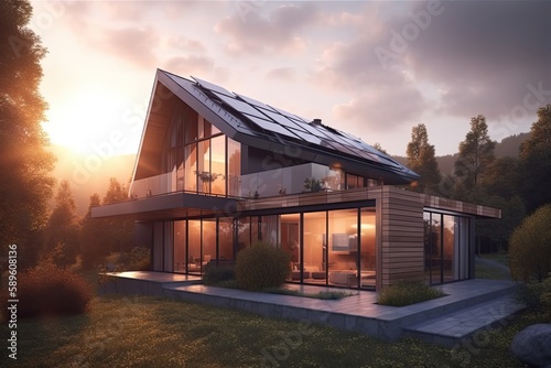 house in the sunset. Solar panels on the roof.. Generative AI