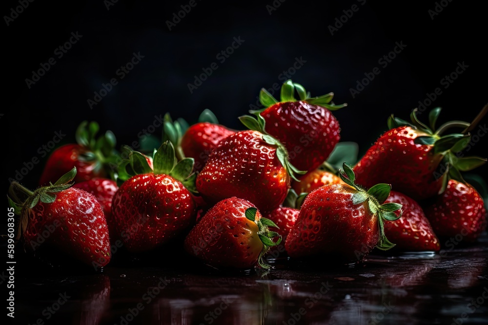 strawberries on a black background. Generative AI