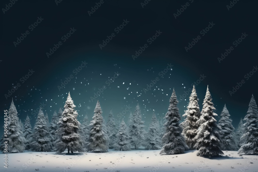 The scene depicts a winter landscape featuring trees. Generative AI.