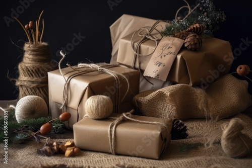 Christmas gifts and decorations. Generative AI.