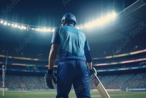 Cricket posing in stadium. Generative AI.