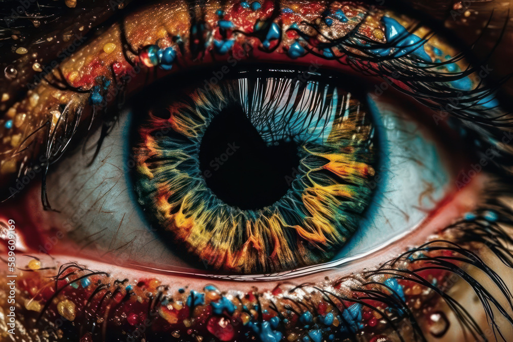 Creative eye art for Holi festival with colorful powder explosion on woman's face. Fashion model showcasing vibrant makeup. Macro detail captured for abstract expression. AI Generative.