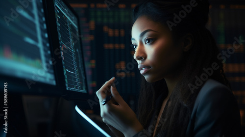 Young woman in an important stocks exchange, buying selling shares, giving advises to shareholders. Native businesswoman trading, mixed executive working on screens, African Asian analyst on datas.