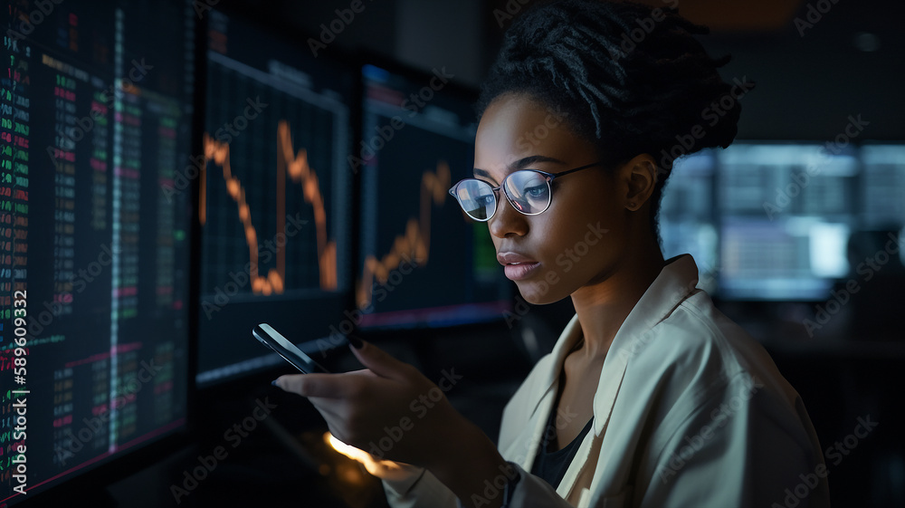 A young woman trading in an important stocks exchange, buying et selling shares, and giving advises to shareholders. Ultra-realistic illustration created with generative AI. A young woman trading in an important stocks exchange, buying et selling shares, and giving advises to shareholders. Ultra-realistic illustration created with generative AI.
