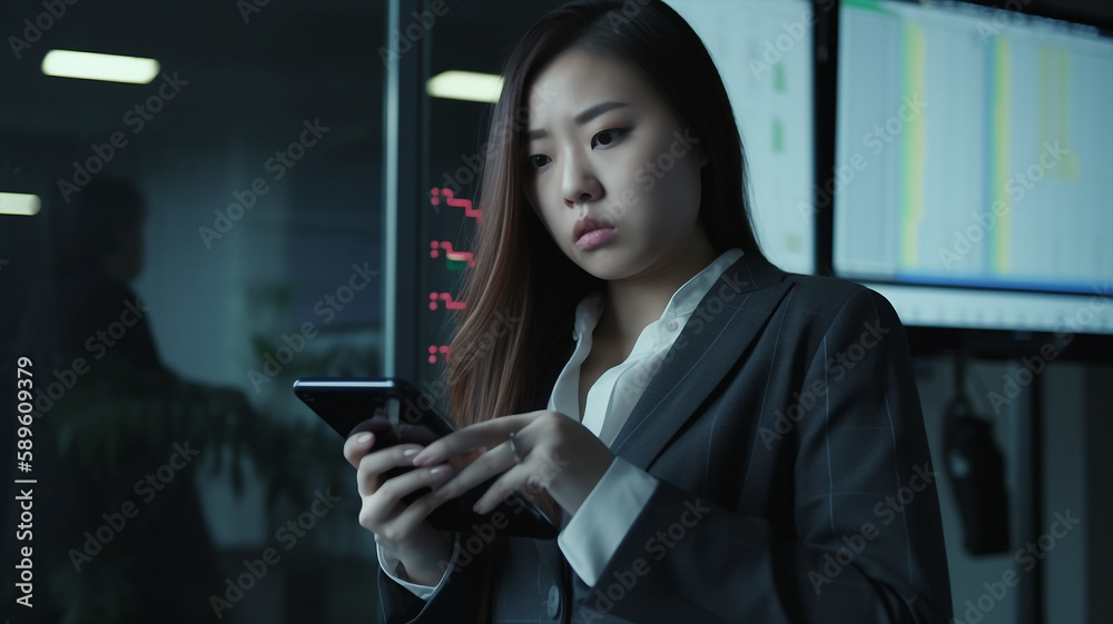 A young woman trading in an important stocks exchange, buying et selling shares, and giving advises to shareholders. Ultra-realistic illustration created with generative AI.