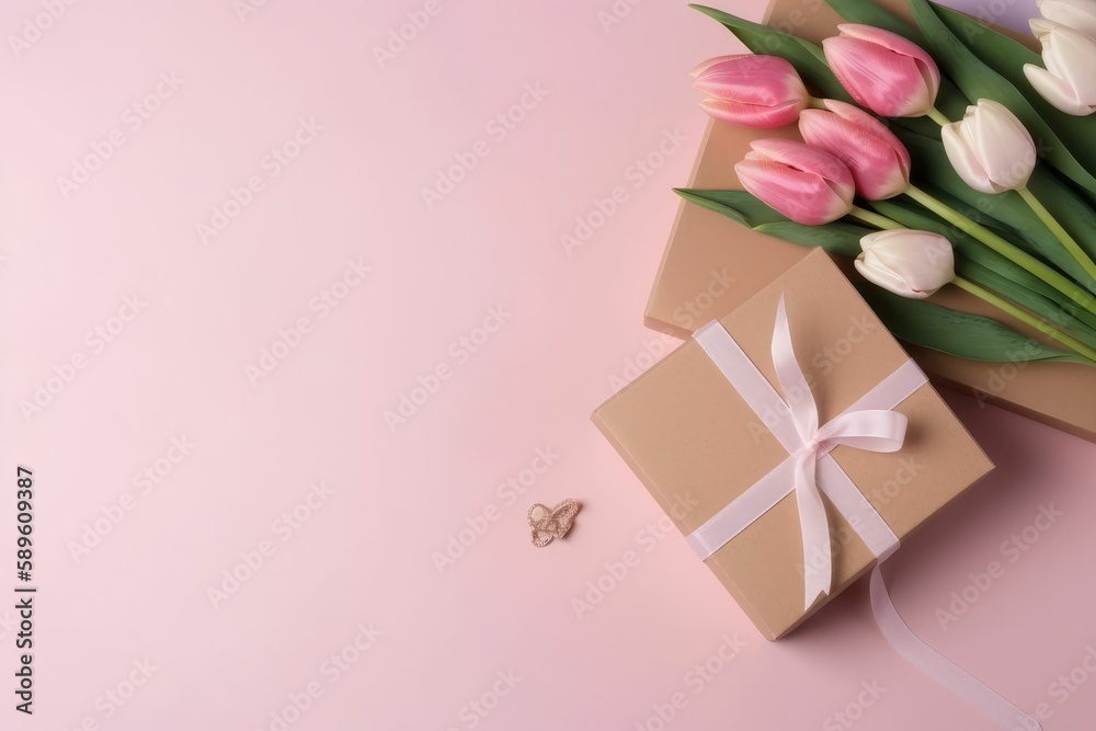Giftbox and Mother's Day card with copy space. Generative AI.