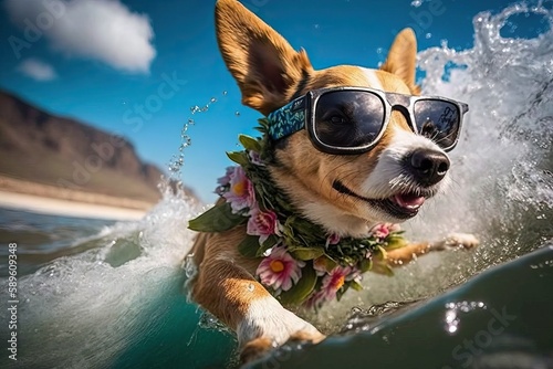 Dog canine catching a wave while surfing in the ocean (Ai generated) (Ai generated) © thesweetsheep