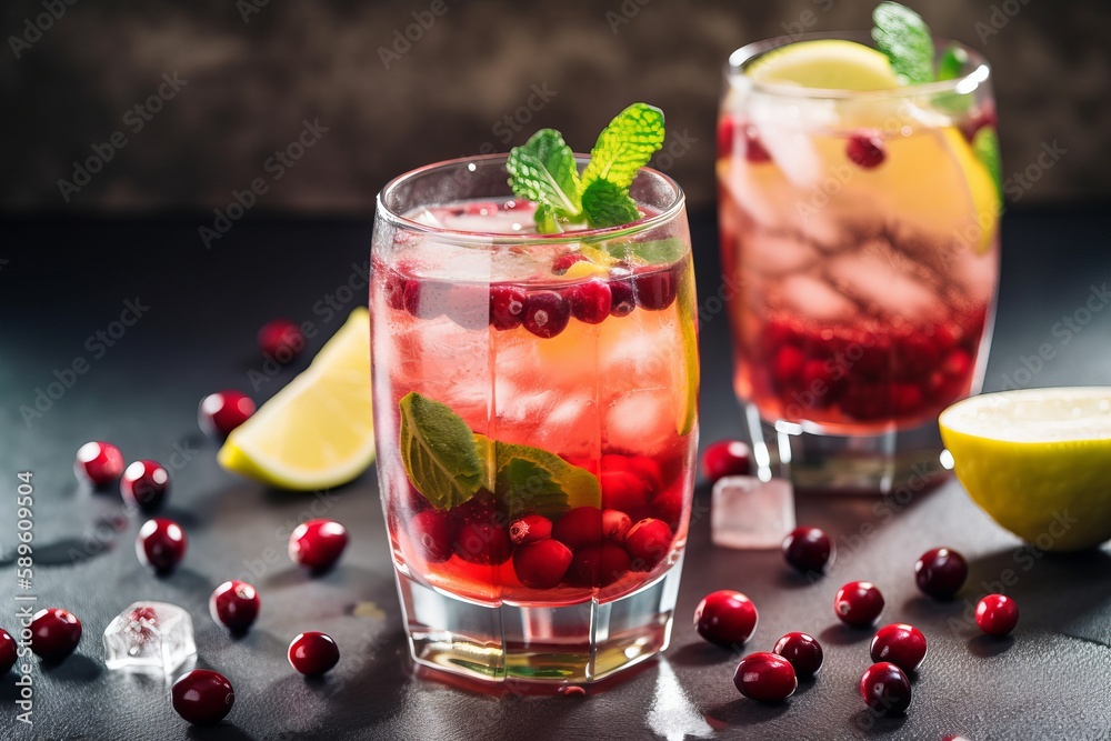 Cranberry cocktail with ice mint, lemon and apple, ai generated, Generative AI Cranberry cocktail with ice mint, lemon and apple, ai generated, Generative AI