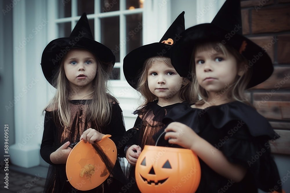 Children in Halloween costumes. Generative AI. Children in Halloween costumes. Generative AI.