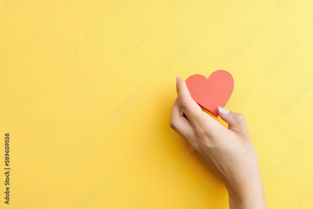 Hands holding heart in yellow background. Generative AI.