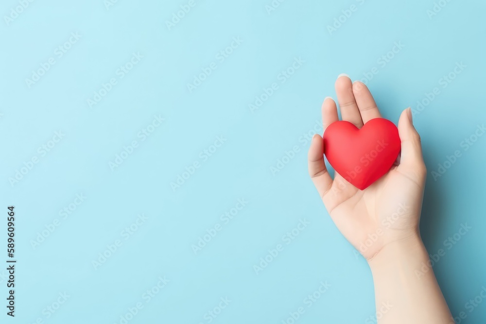Heart in hands in blue background. Generative AI.