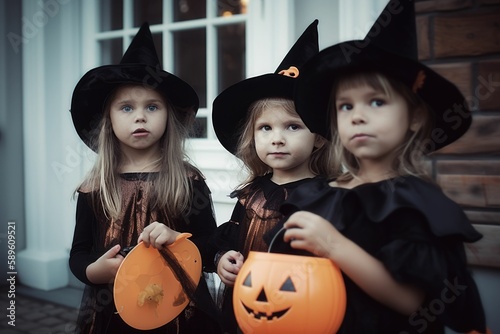 Children in Halloween costumes. Generative AI.