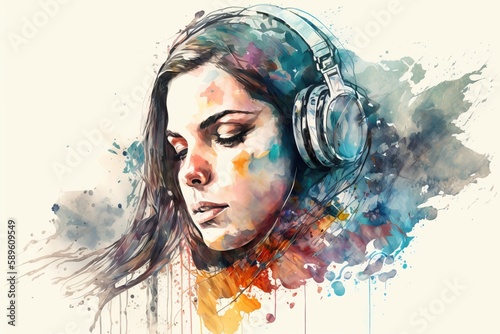 watercolor drawing of a Portrait of young girl with colorful hair listening music with headphones, ai generated, Generative AI