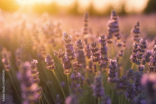 Lavender field at sunrise. Generative AI.