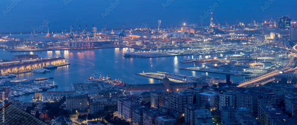 The panorama of Genova in the morning dusk.