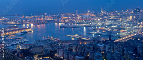 The panorama of Genova in the morning dusk.