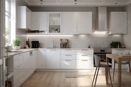 New modern kitchen interior   White and grey kitchen corner with bar   contemporary style kitchen   Scandinavian classic kitchen with wooden,minimalistic interior design kitchen, Generative AI © Azar
