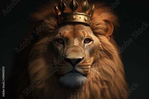 Portrait of a lion wearing a crown. Generative AI.