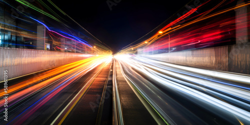 viel Verkehr in einer Großstadt nachts als Langzeitbelichtung, generative AI