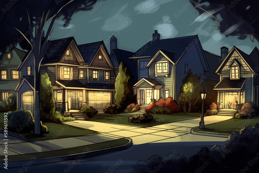 Neighborhood caricature with houses illuminated.