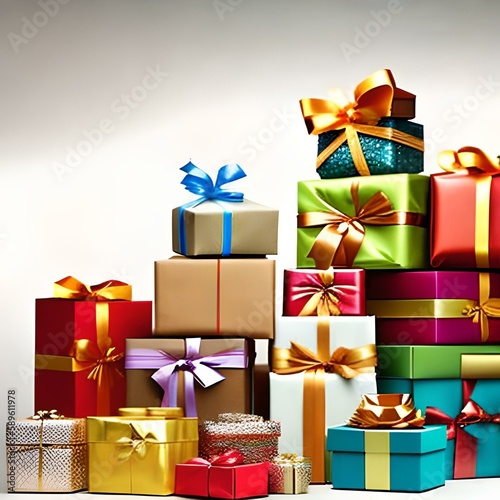 gift boxes with ribbons Viele bunte Geschenke vor weißem Hintergrund