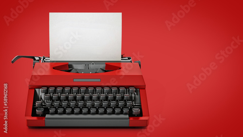 Red vintage typewriter on red background. 3D illustration