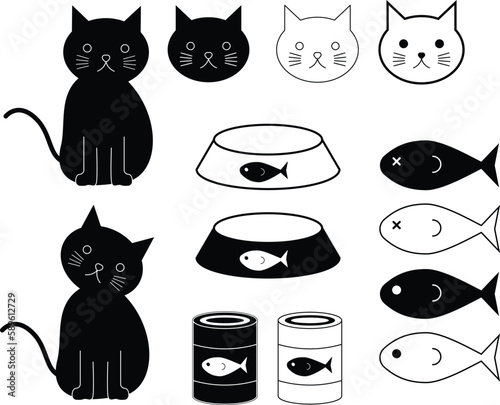 Cats and cats accessories food and water bowl fish cans silhouettes vector illustration