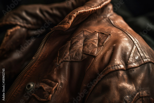 Close-Up of Vintage Leather Jacket with Well-Worn Texture