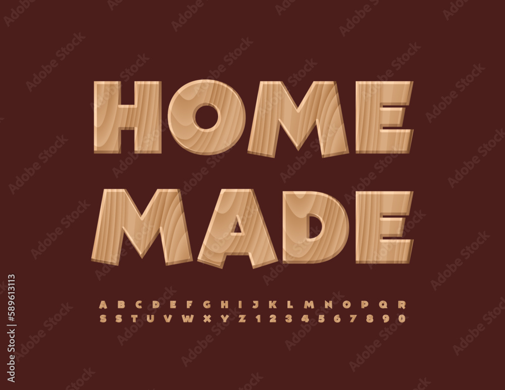Vector wooden emblem Homemade for Shop, Business, Art. Natural pattern Font. Tree textured Alphabet Letters and Numbers set Vector wooden emblem Homemade for Shop, Business, Art. Natural pattern Font. Tree textured Alphabet Letters and Numbers set