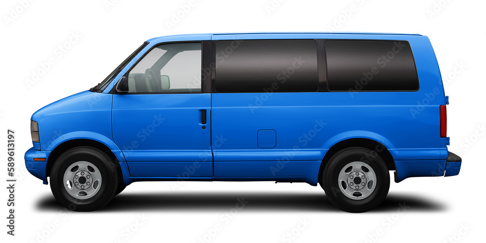 Small passenger classic minibus in light blue color, isolated on a white background.
