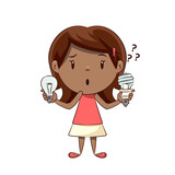 Confused little girl holding light bulbs