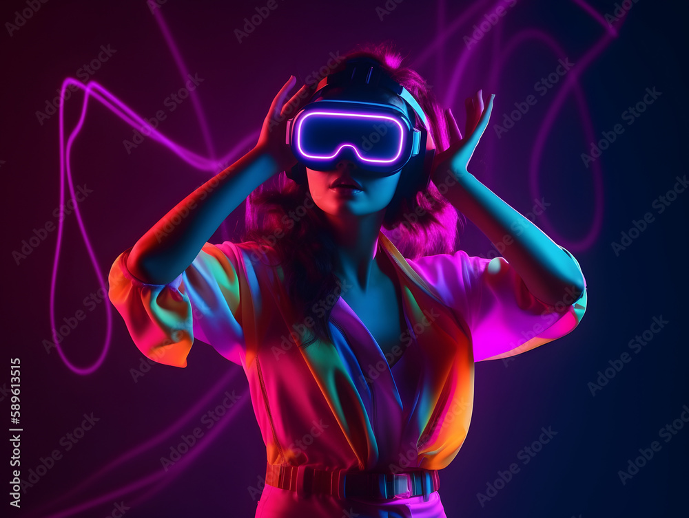 Young woman with VR headset and experiencing virtual reality, metaverse and fantasy world.