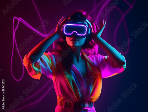 Young woman with VR headset and experiencing virtual reality, metaverse and fantasy world.