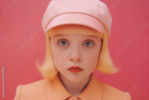 Pastel pink portrait of a young beautiful girl with blonde hair with a fashionable hat. Generative AI.