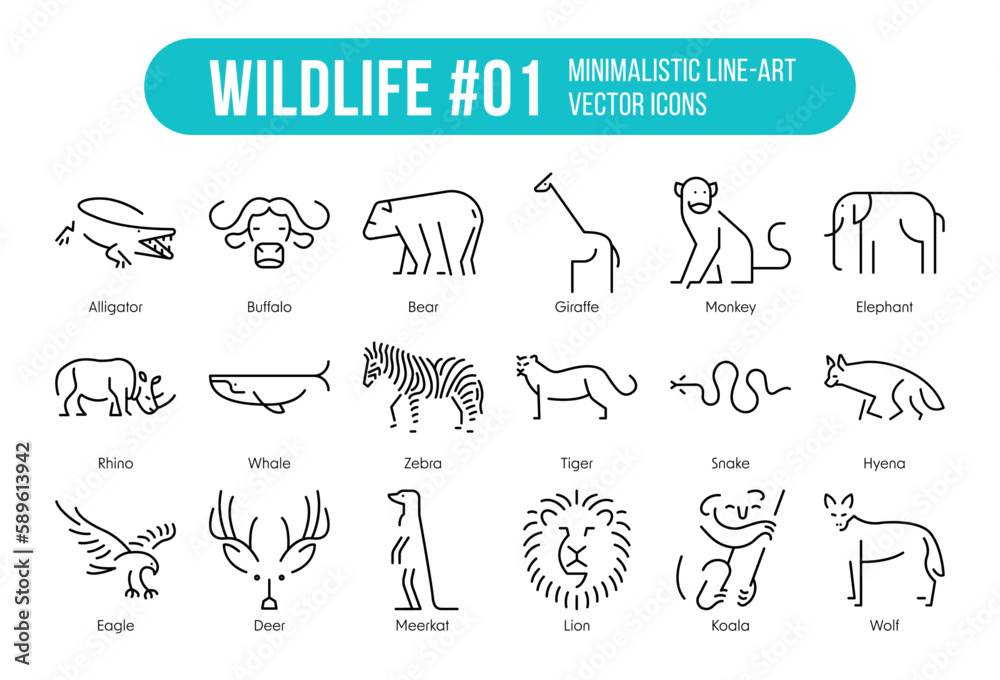 Obraz premium Set of Wildlife Icons Minimalistic and simple Line illustrations - Eighteen animals