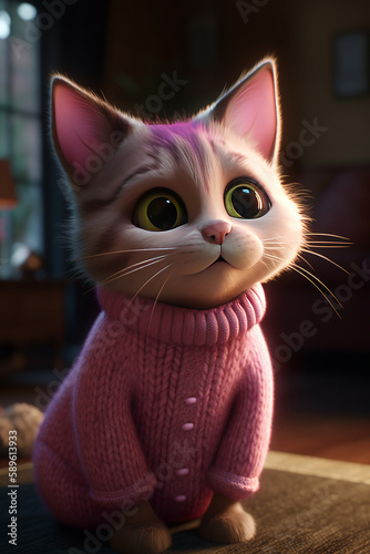 A cute cat in a pink sweater sits on a dark background.