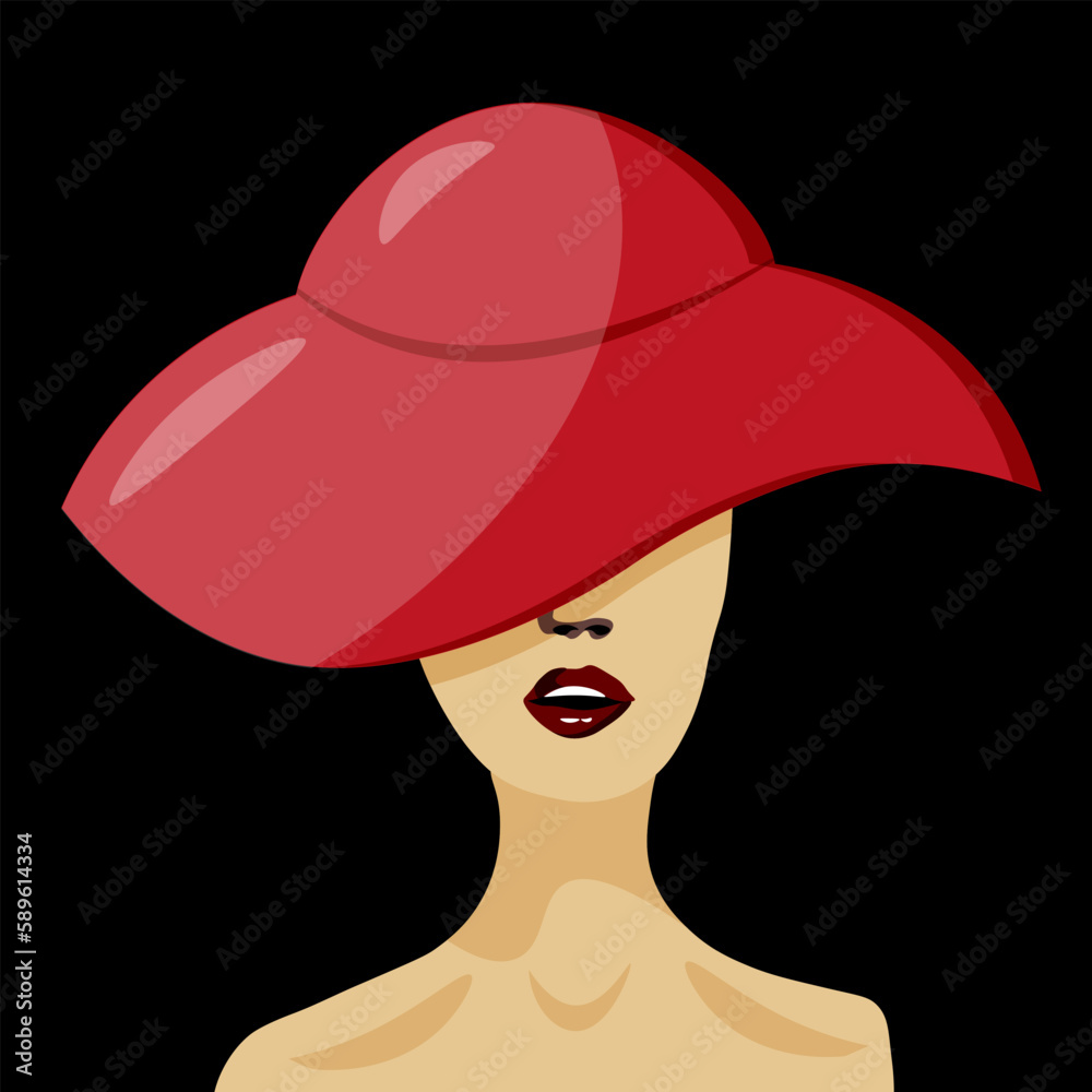 Beautiful fashion portrait of Woman in Hat isolated on black background. Female portraiture. Vector illustration. Beauty lady. Beautiful fashion portrait of Woman in Hat isolated on black background. Female portraiture. Vector illustration. Beauty lady.
