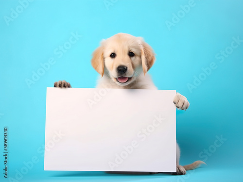 a cute happy golden retriever puppy with blank whiteboard on isolated pastel color background, playful and adorable pet, generative ai