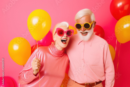 Grandparents organizing a birthday party, elderly people celebrating and having fun with birthday cake, balloons and confetti. Generative AI.