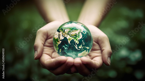 hands hold a small Earth planet on a spring green background. Ecology concept. Earth Day