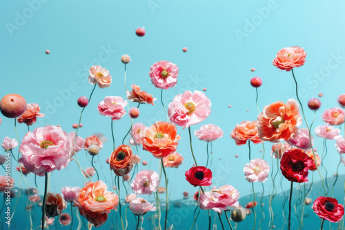 Pastel spring tender background  fresh pink field flowers  roses  petals and leaves on the blue water surface  flat lay with copy space. Generative AI.