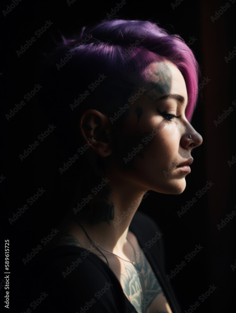 Close up portrait of adult woman with body decorations silhouette with strong light and shadows looking powerful Generative AI