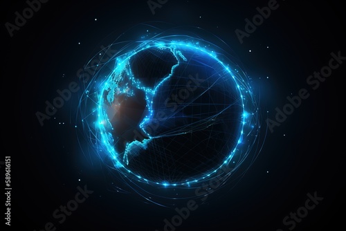 Abstract blue glowing planet Earth in power button Earth hour concept Low poly style design Geometric background. Generative AI